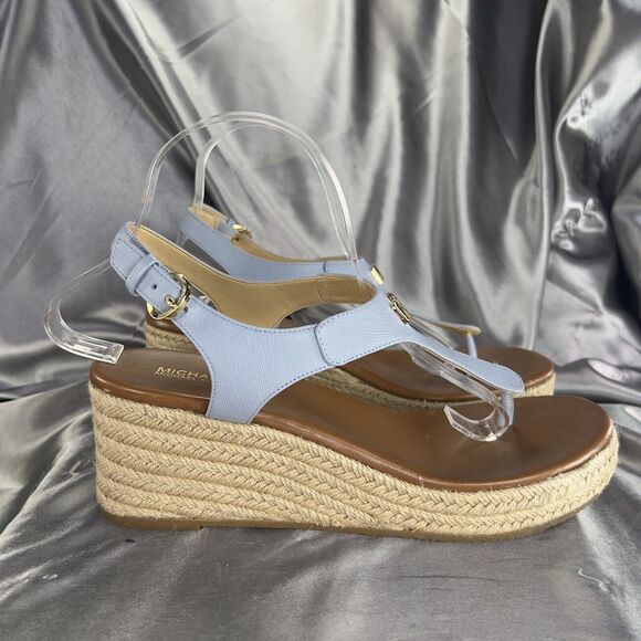 Michael Kors Laney Wedges Size 9 Leather Thong Espadrille Sandals Powder Blue💙 - Picture 10 of 17